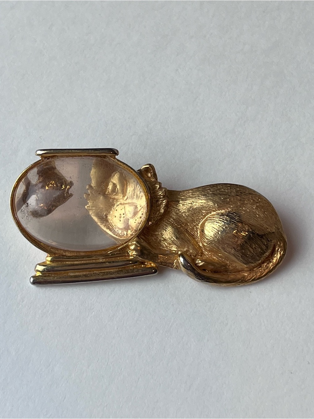 Vintage JJ Cat Brooch With Fish Bowl Gold Tone